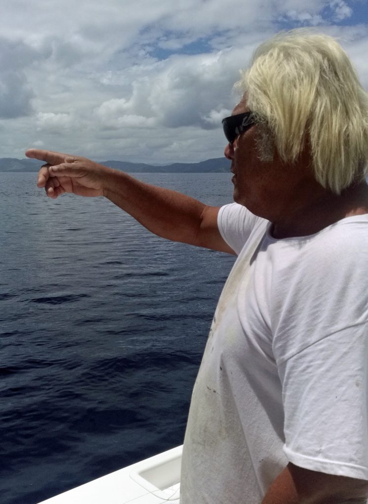 The late John Llanes points to a gaggle of birds devouring bait fish.,