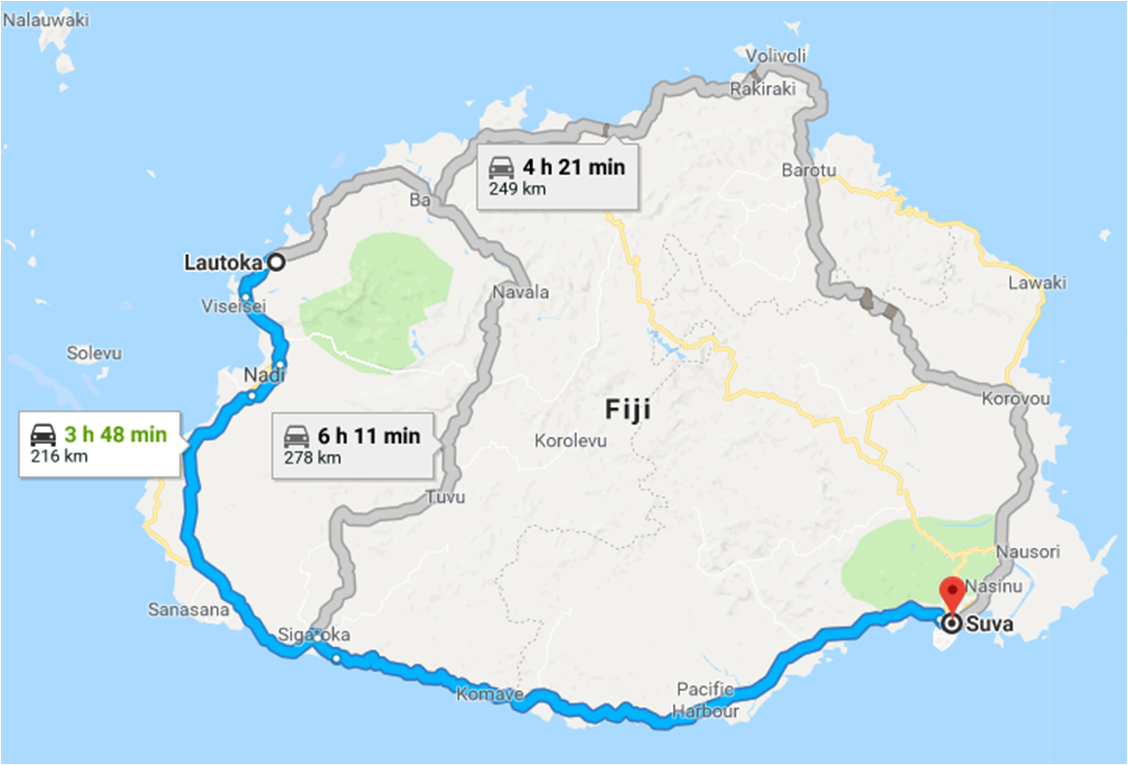 Map of the Queens Road--most bus service connecting Suva and Nadi traverses this road